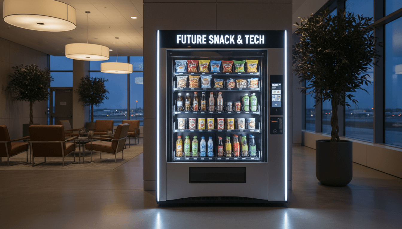 A sleek HAHA vending machine with illuminated display in a quiet interior