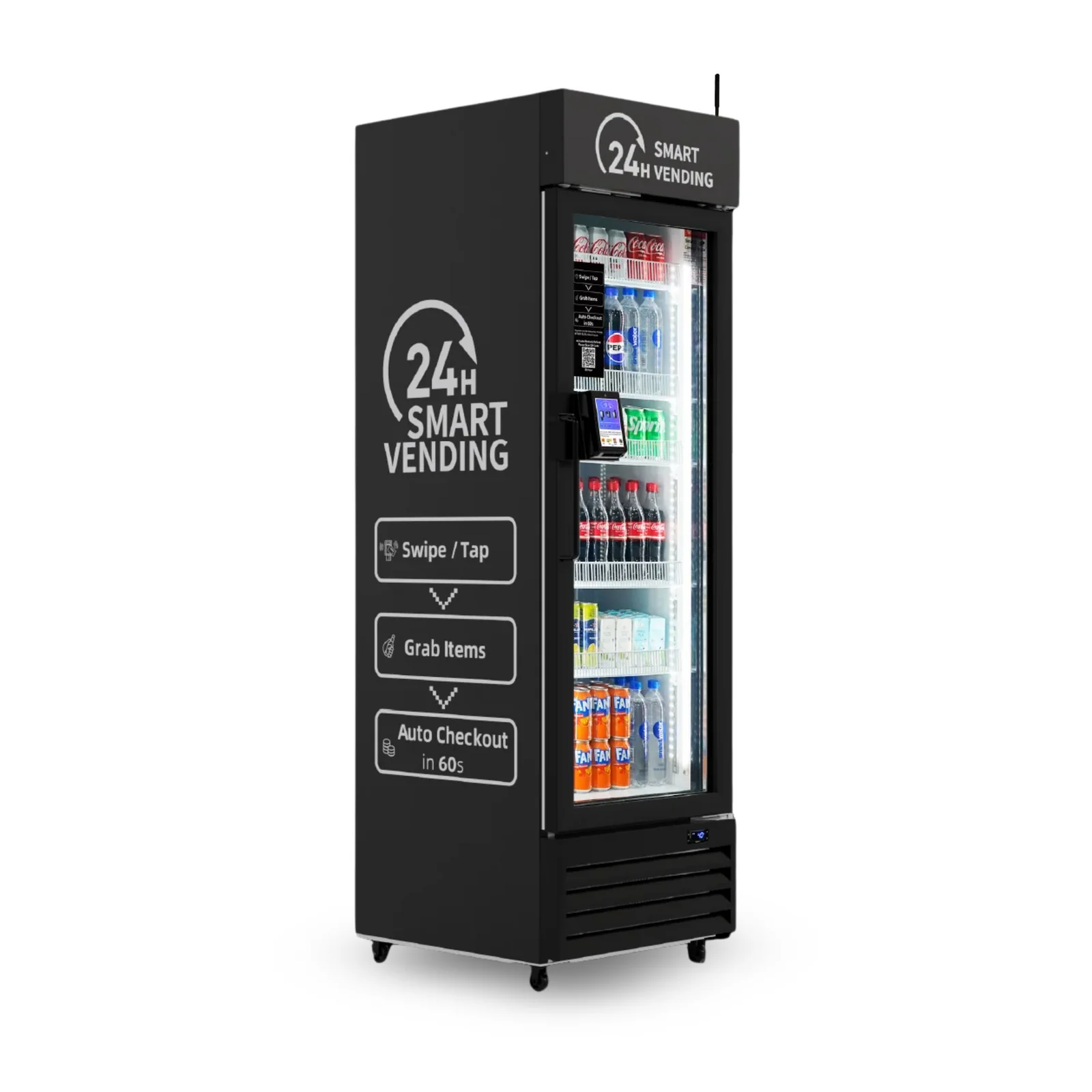 Black 24-hour smart vending machine with glass door displaying beverages and automated checkout instructions.